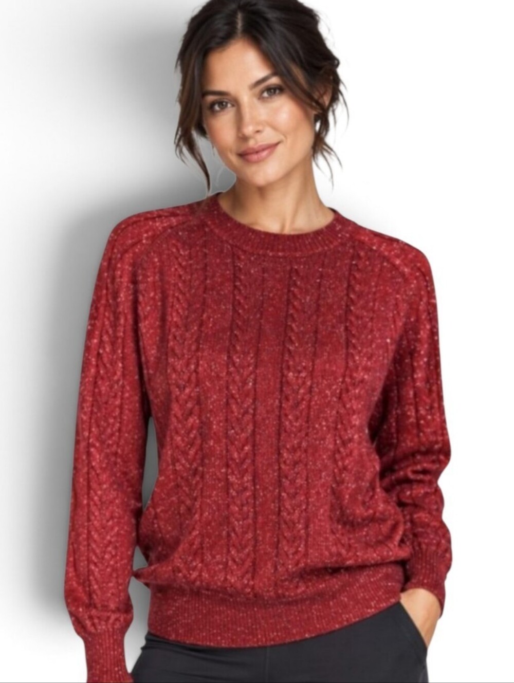 Athleta Sparkle Crossroads Cable Knit Wool Blend Metallic Crew Sweater Size S